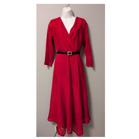 Danny & Nicole Ruby Red 3/4 Sleeve Dress Striped Floral Lace Midi Sz. 10 - Picture 16 of 16